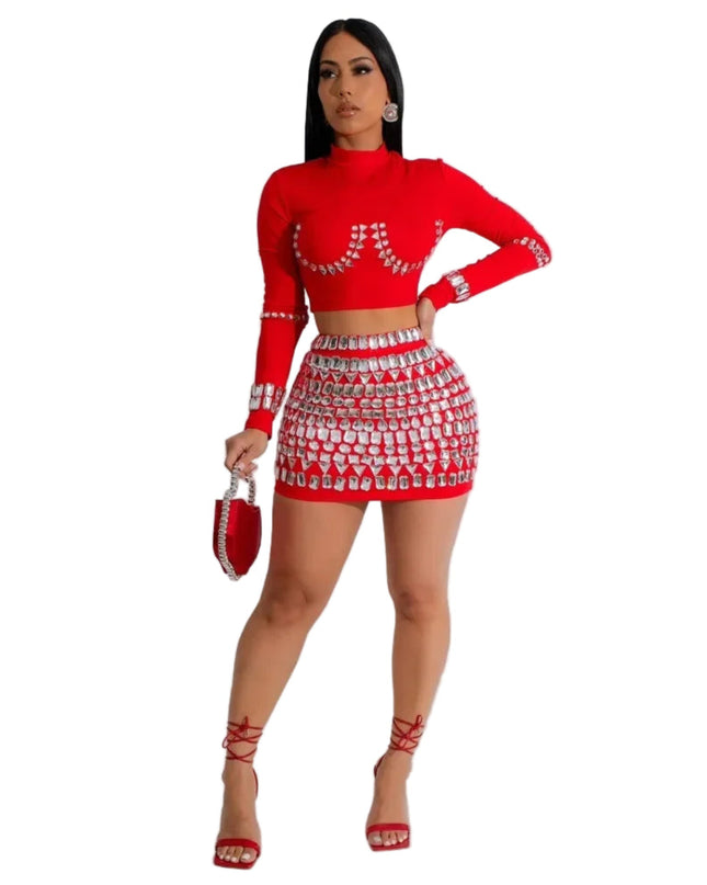 Woman wearing a red outfit with matching accessories on a white background