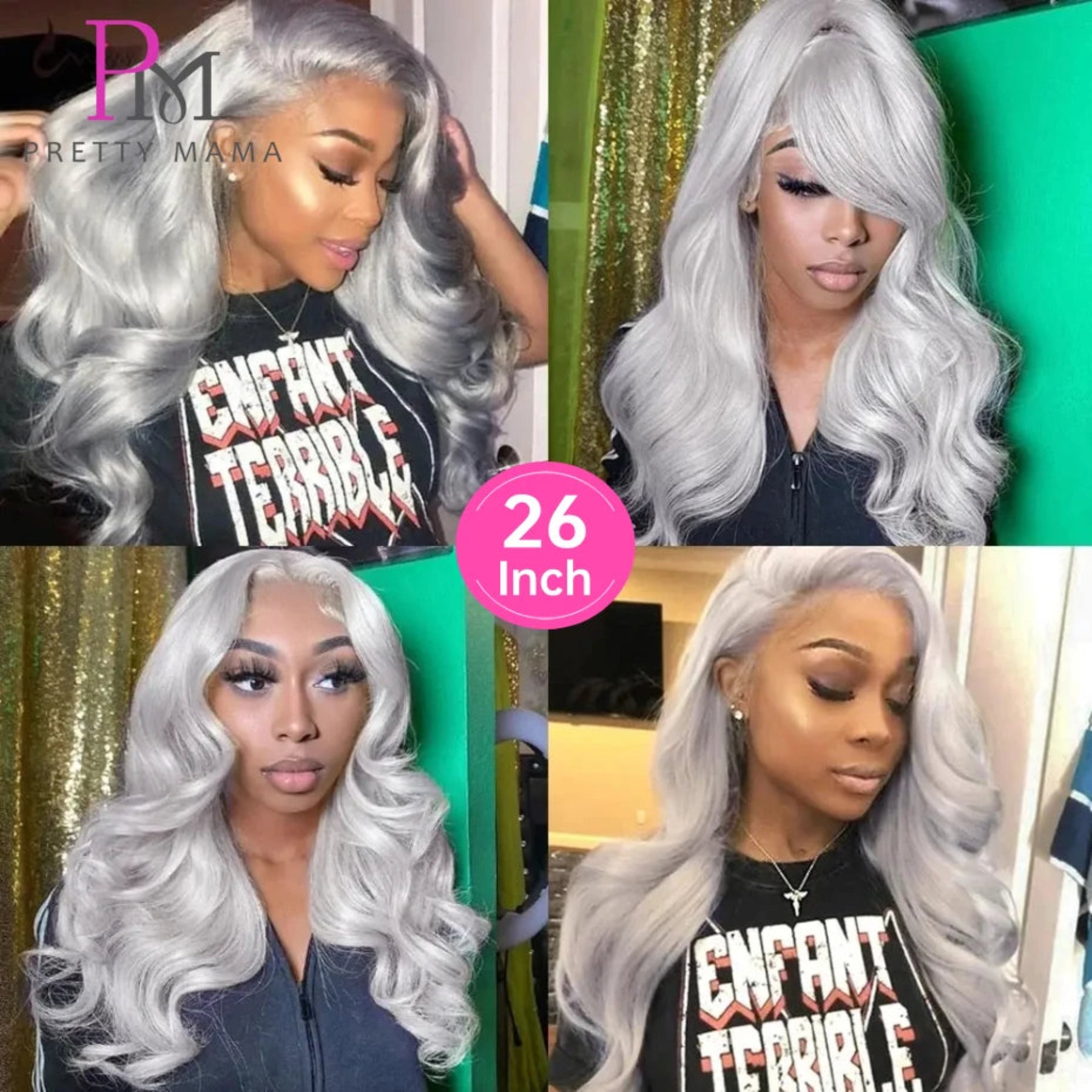 Collage of a woman with silver hair styled in different ways, with 'Pretty Mama' branding.
