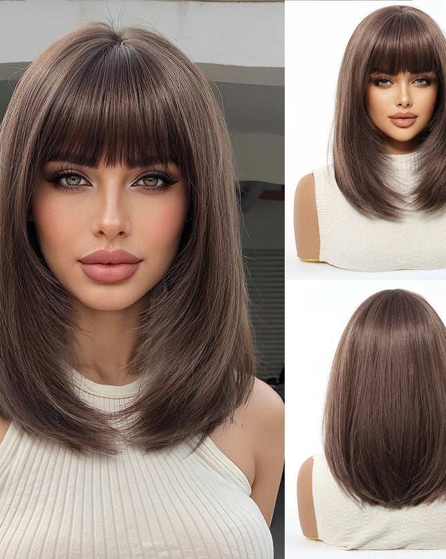 Blonde Synthetic Wigs with Bangs Medium Length Layered Straight Wig Natural Highlight Hair