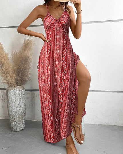 Women's Ethnic Pattern Backless Split Thigh Boho Maxi Dress