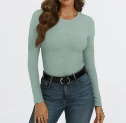 European and American new women's long sleeved elastic round neck ribbed T-shirt slim fit casual basic top