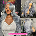 Silver wig on a mannequin head with a woman wearing it, set against a salon background.
