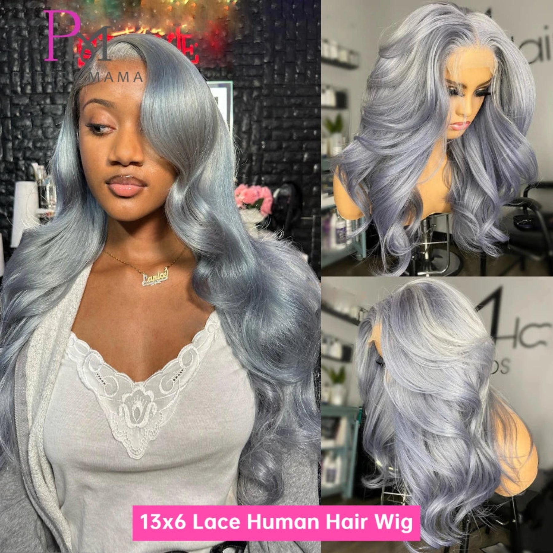 Silver wig on a mannequin head with a woman wearing it, set against a salon background.