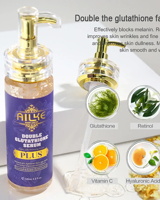AILKE Double Glutathione Serum for skin brightening with Glutathione, Retinol, Vitamin C, and Hyaluronic Acid.
