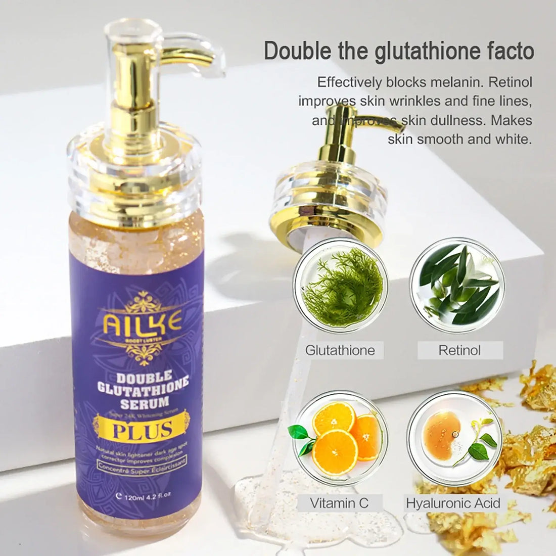 AILKE Double Glutathione Skin Lightening Serum, 120ml, brightening formula for face and body, natural skin lightener.