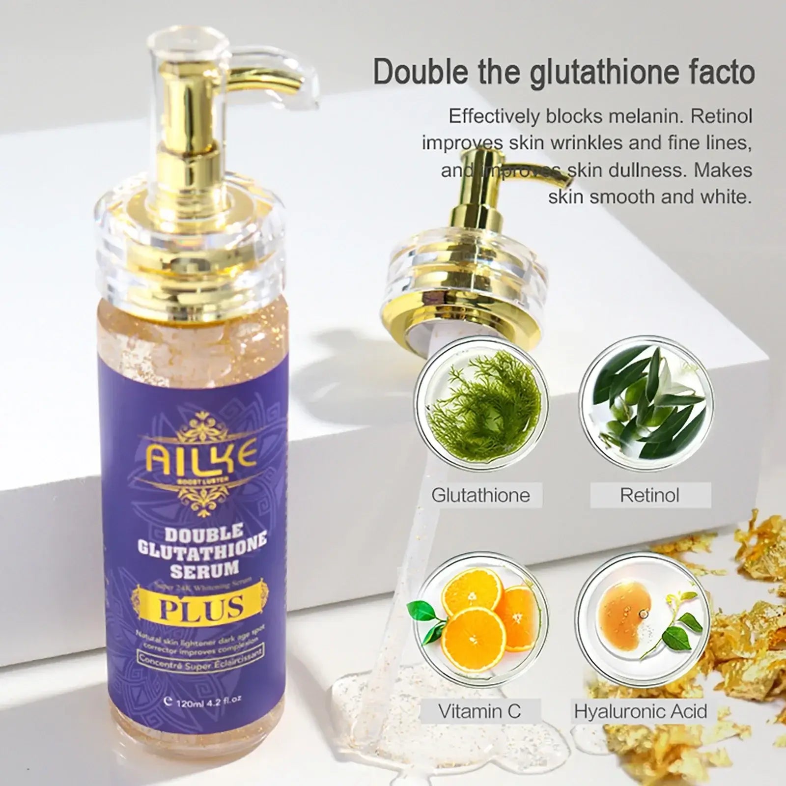 AILKE Double Glutathione Serum for skin brightening with Glutathione, Retinol, Vitamin C, and Hyaluronic Acid.