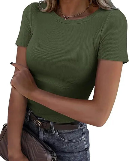 European and American new women's long sleeved elastic round neck ribbed T-shirt slim fit casual basic top
