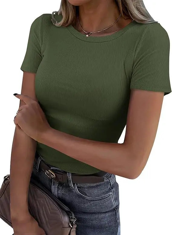 European and American new women's long sleeved elastic round neck ribbed T-shirt slim fit casual basic top