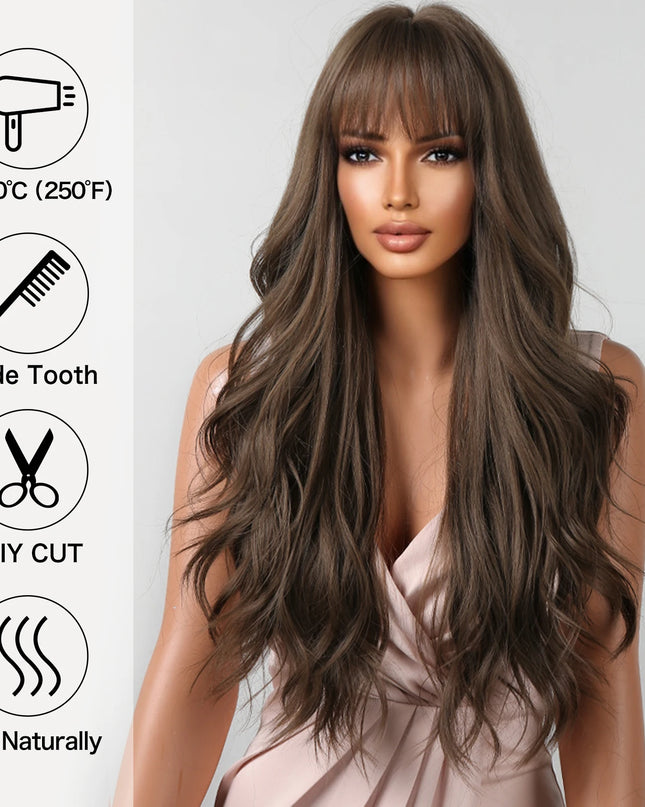 Brown Wavy Wigs for Women with Bangs Long Natural Synthetic Hair Wig Daily Cosplay Heat Resistant