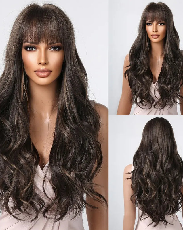 Brown Wavy Wigs for Women with Bangs Long Natural Synthetic Hair Wig Daily Cosplay Heat Resistant