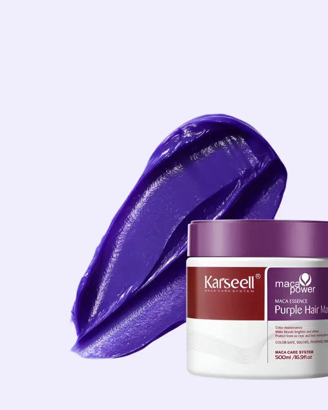 Karseell Purple Hair Mask in a jar with a swatch of vibrant purple treatment for toning blonde and gray hair.