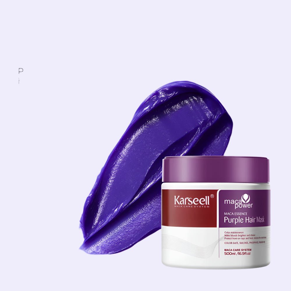 Karseell Maca Power Purple Hair Mask jar with purple hair mask texture on a white background