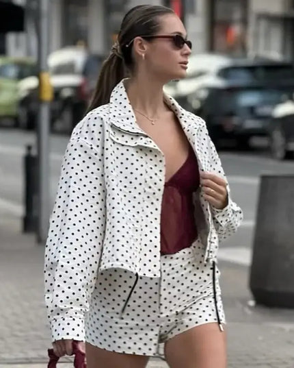 HXAO Polka Dot Bomber Jacket Women's Jackets Demi-Season Oversized Long Sleeve Top Outerwear Aviator Plus Size Zip Up Crop Coats