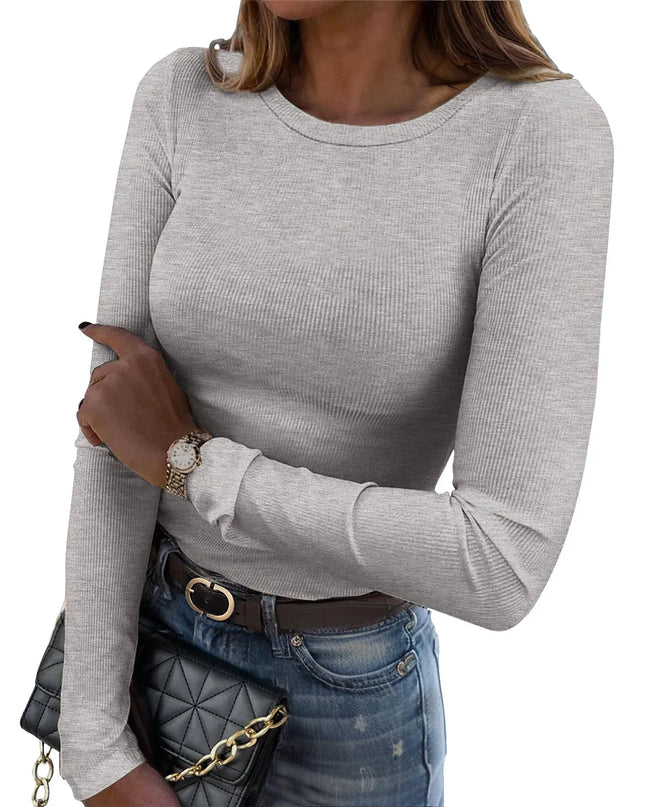 European and American new women's long sleeved elastic round neck ribbed T-shirt slim fit casual basic top