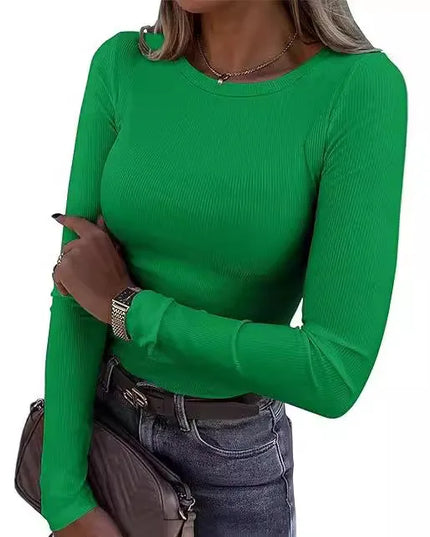 European and American new women's long sleeved elastic round neck ribbed T-shirt slim fit casual basic top