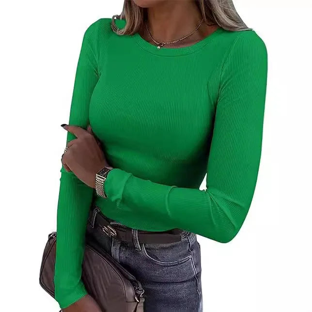 European and American new women's long sleeved elastic round neck ribbed T-shirt slim fit casual basic top