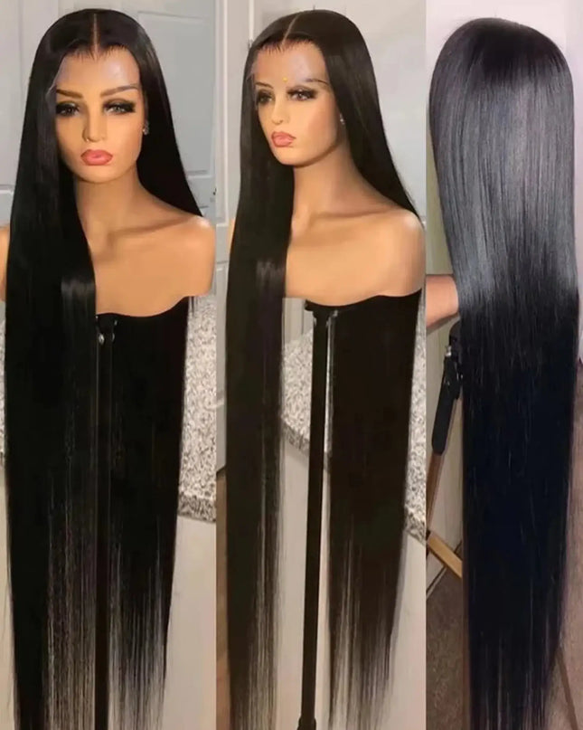Black straight wig displayed on a mannequin head with close-up views.