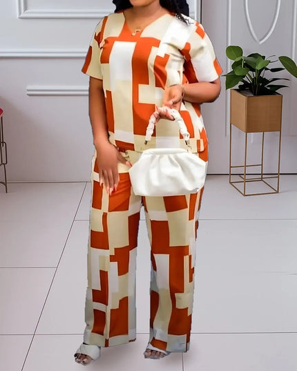 Plus - Size Retro Geometric Set! Brown & White Color - Block, Slay Your Daily Outings