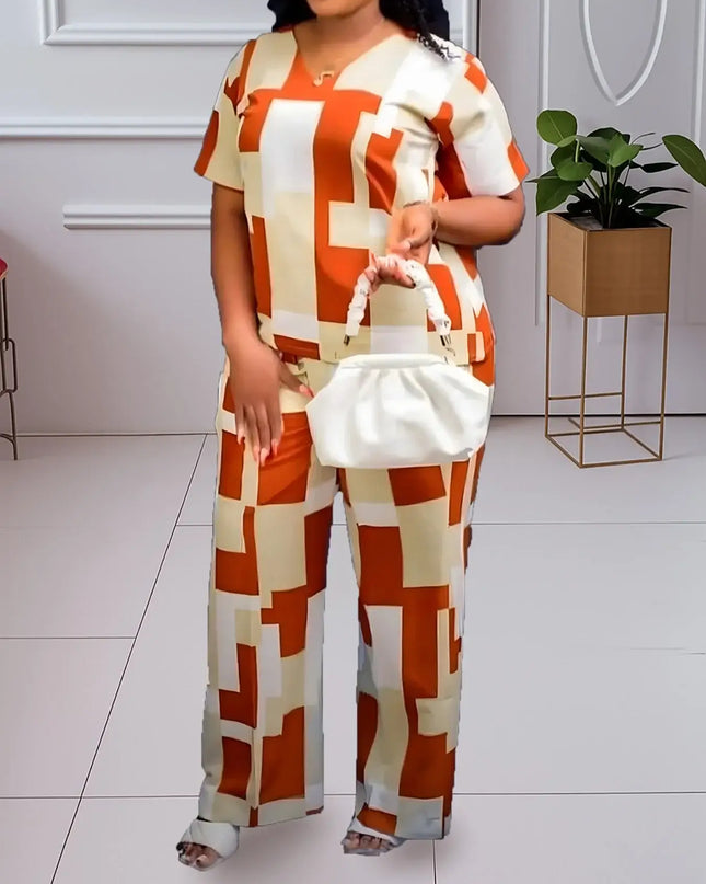 Plus - Size Retro Geometric Set! Brown & White Color - Block, Slay Your Daily Outings