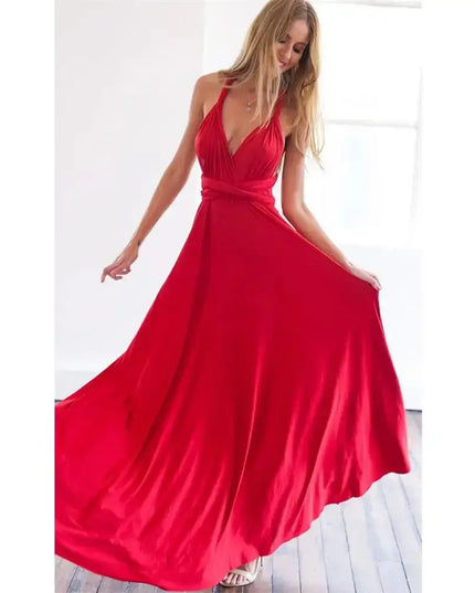 Woman wearing a red dress against a white background