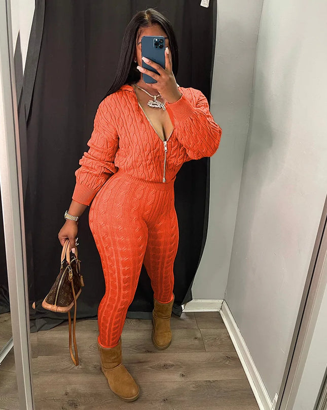 Women's Knit Hooded Sweater and Pants 2-Piece Set | Fall Winter Loungewear Outfit