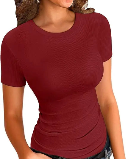 European and American new women's long sleeved elastic round neck ribbed T-shirt slim fit casual basic top