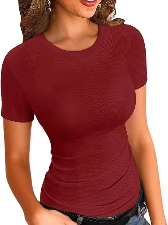 European and American new women's long sleeved elastic round neck ribbed T-shirt slim fit casual basic top