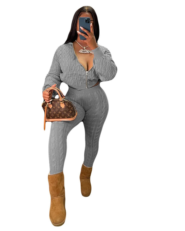 Women's Knit Hooded Sweater and Pants 2-Piece Set | Fall Winter Loungewear Outfit