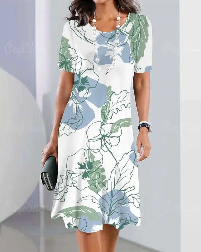 Summer Women's Dresses 3D Floral Print in elegant floral design, short sleeve loose fit A-line dress for women.