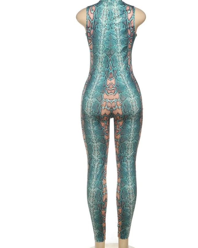 Teal and pink patterned bodysuit on a mannequin against a white background