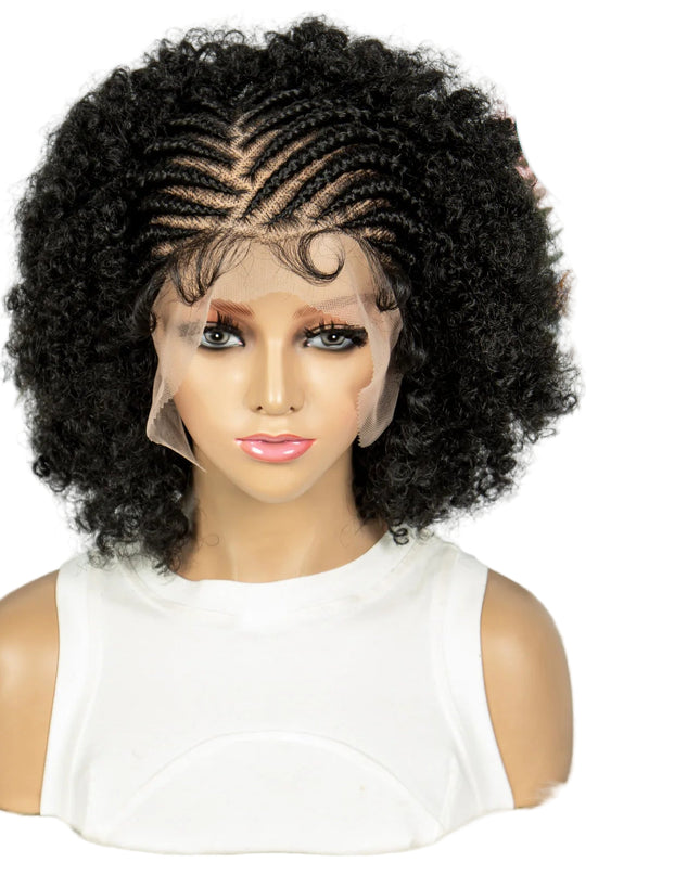 Black braided wig on a mannequin head with decorative elements in the background