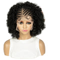 Black braided wig on a mannequin head with decorative elements in the background