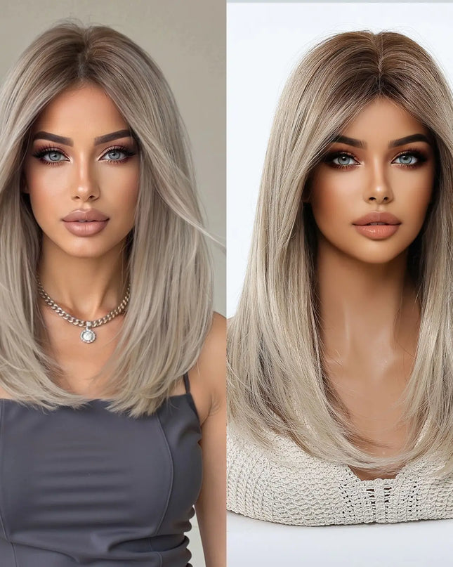 Blonde Synthetic Wigs with Bangs Medium Length Layered Straight Wig Natural Highlight Hair