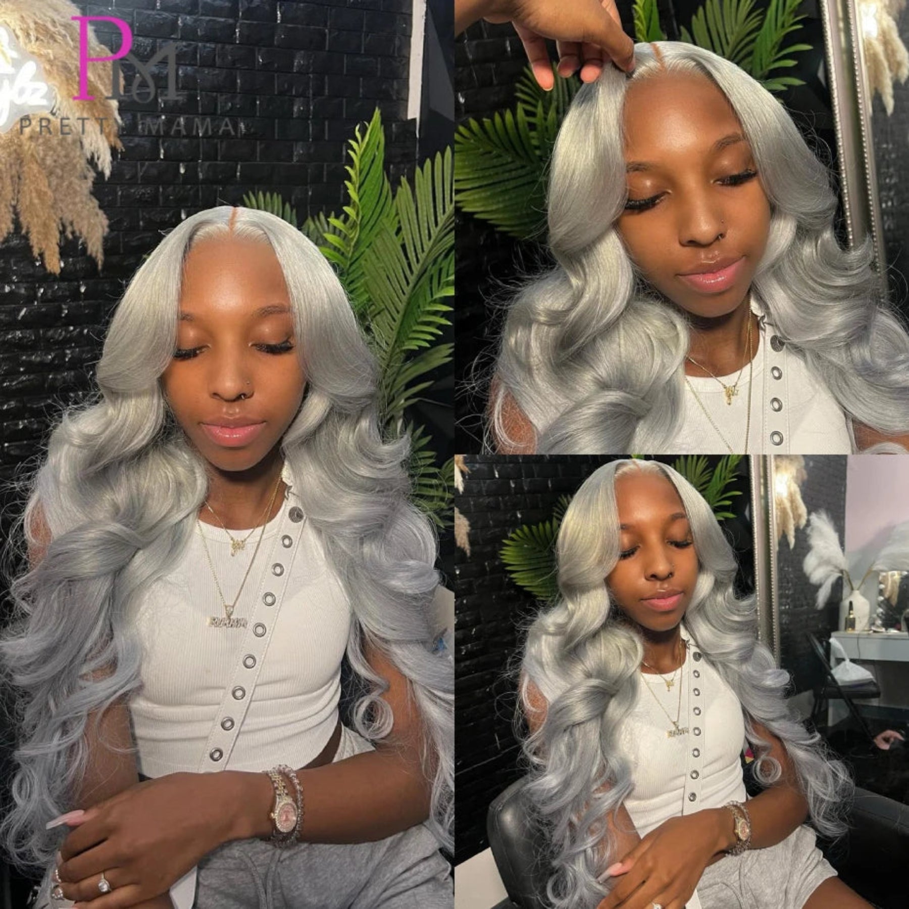 Collage of a woman with silver hair styled in different ways, wearing a white outfit.