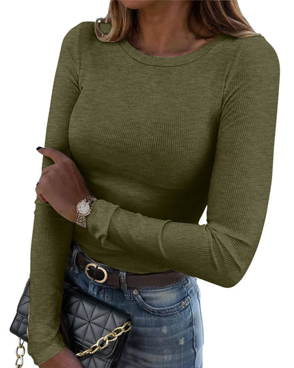 European and American new women's long sleeved elastic round neck ribbed T-shirt slim fit casual basic top