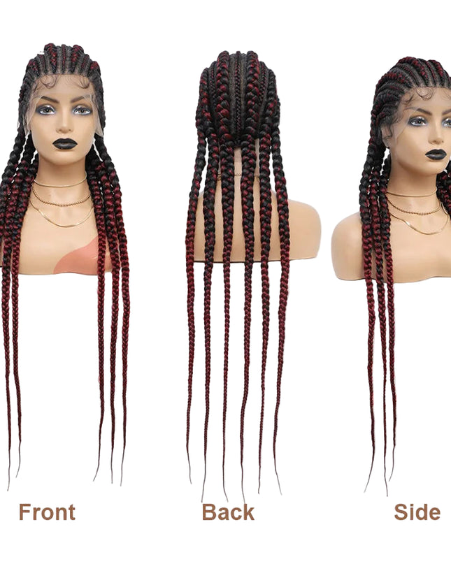 Three views of a braided wig on mannequin heads with 'Sable Lady' branding.