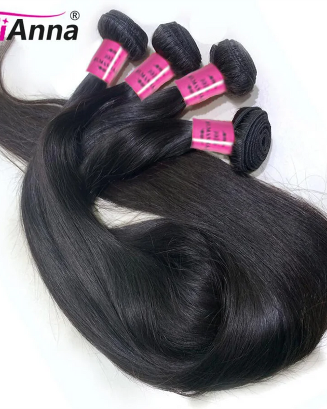 Black hair extensions with pink clips on a white background, featuring the brand 'AliAnna'.