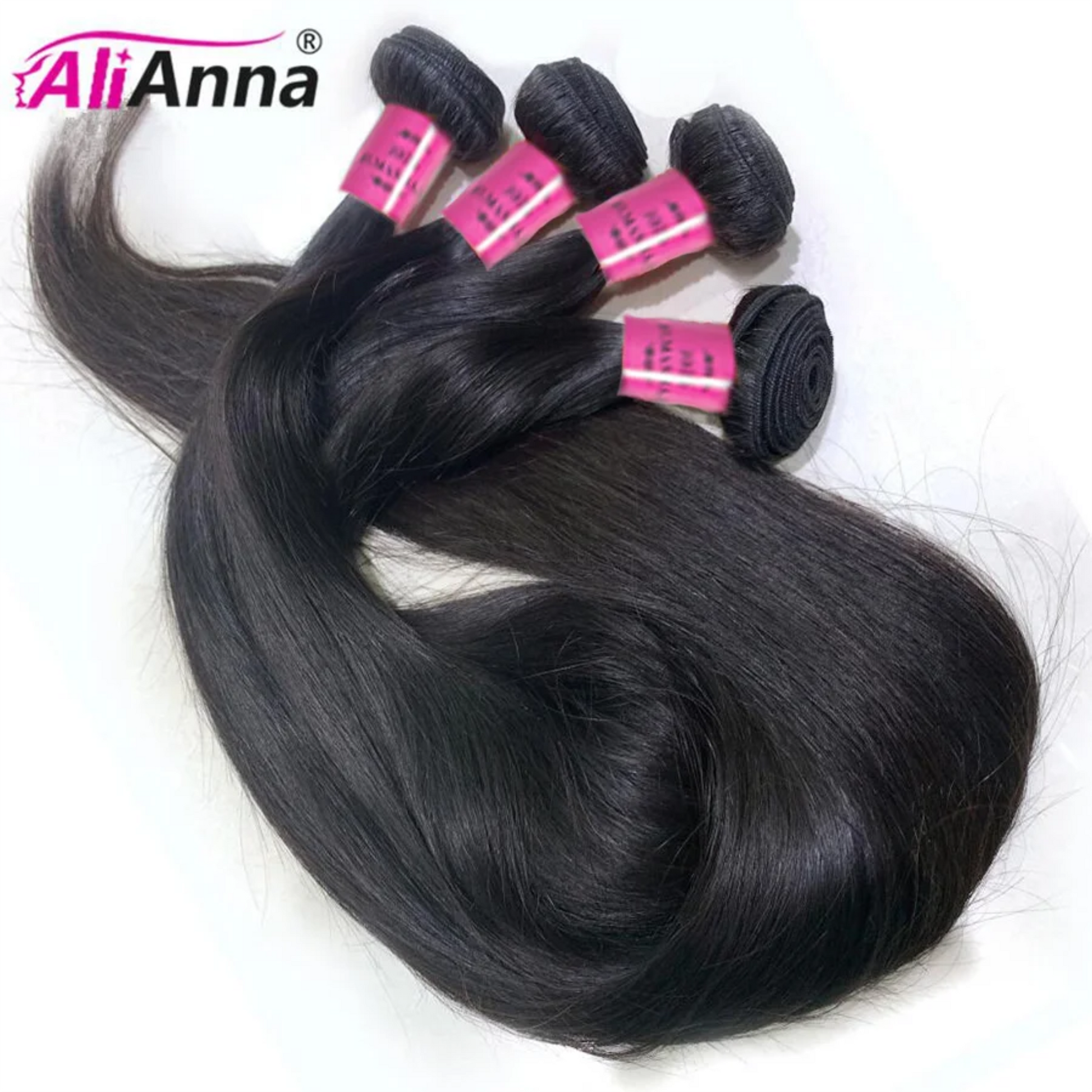 Black hair extensions with pink clips on a white background, featuring the brand 'AliAnna'.