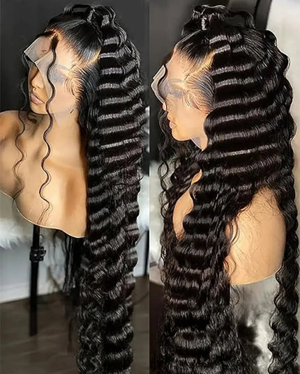 Black hair extensions on a mannequin head with a neutral background
