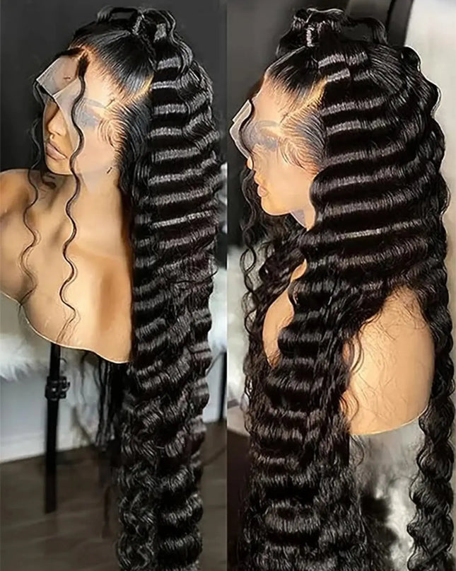 Black hair extensions on a mannequin head with a neutral background