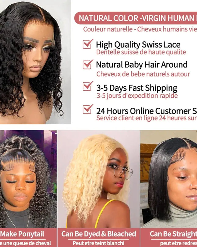 Advertisement for natural color virgin human hair wigs with product features listed.