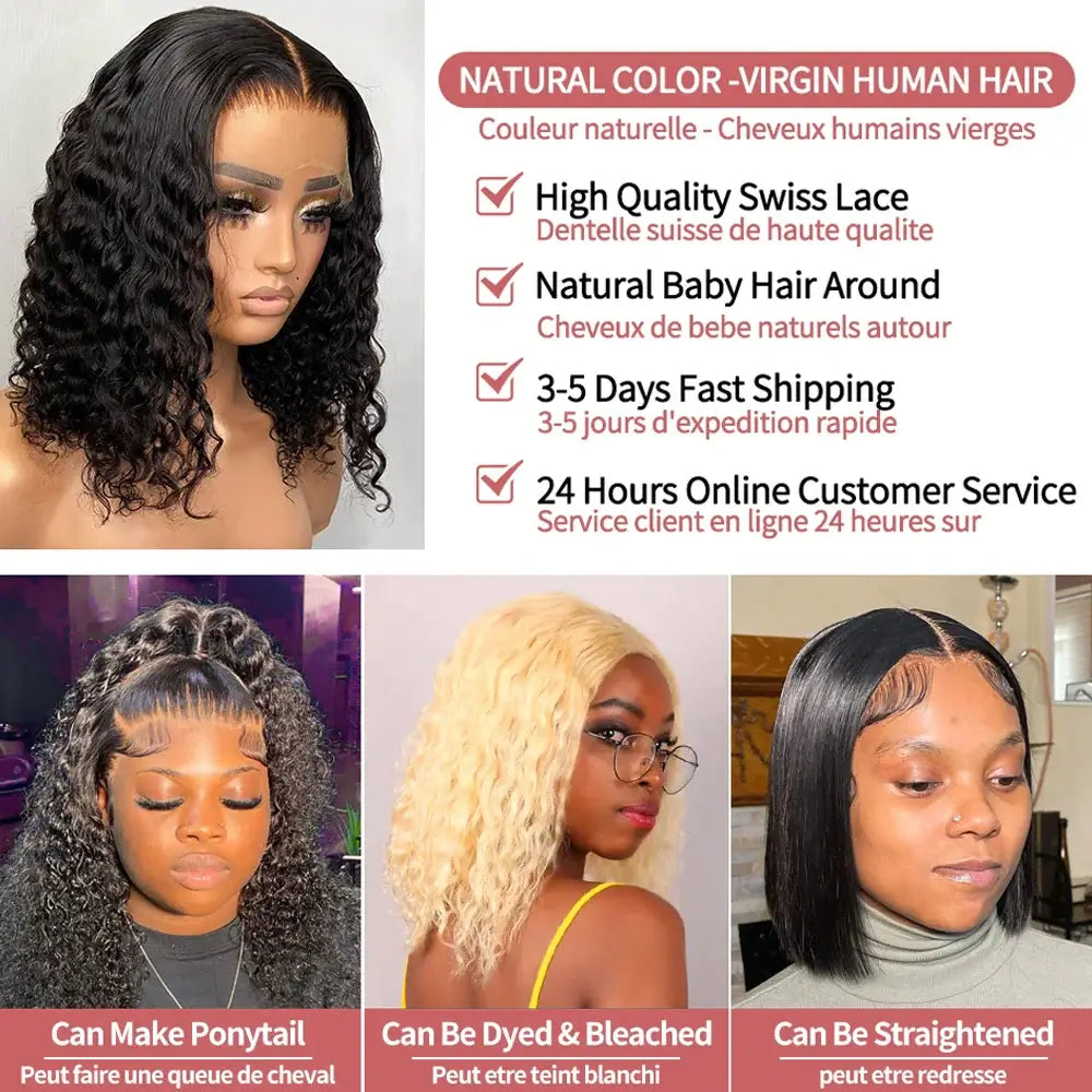 Advertisement for natural color virgin human hair wigs with product features listed.