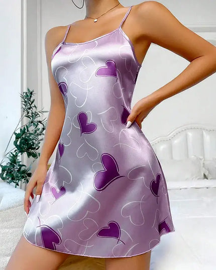 Women's Sleepdress Satin Floral Print Nightdress Comfortable Spaghetti Strap Sleepwear Dress Luxurious Satin Slip Nightdress