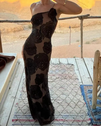 Oligai one shoulder elegant dress featuring a sexy mesh design and floral patterns, perfect for weddings and parties.