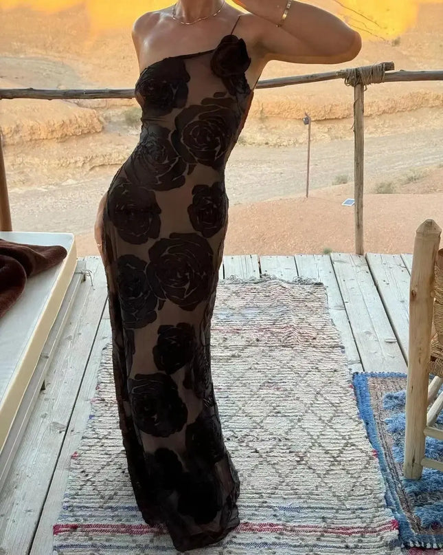 Oligai one shoulder elegant dress featuring a sexy mesh design and floral patterns, perfect for weddings and parties.