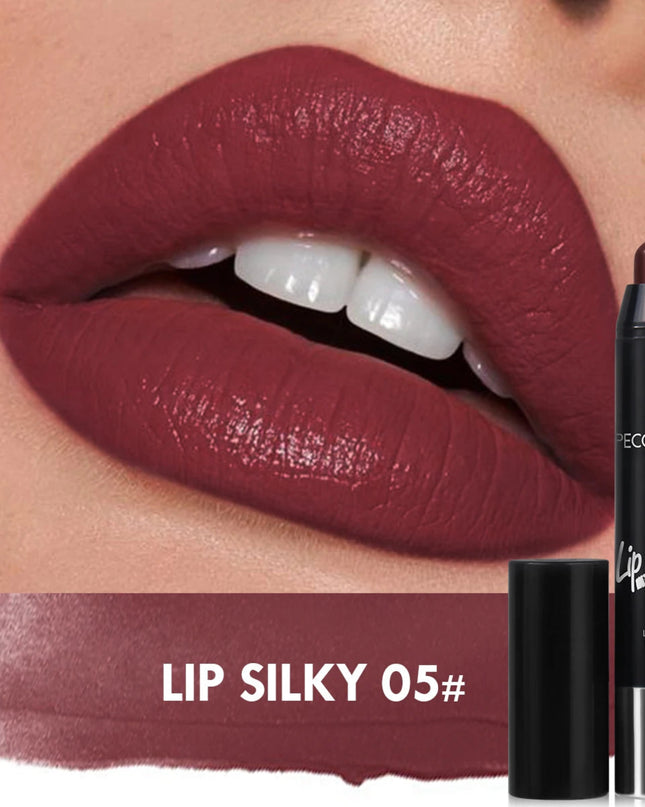 Lipstick with 'Lip Silky 05#' color swatch on a close-up of lips.