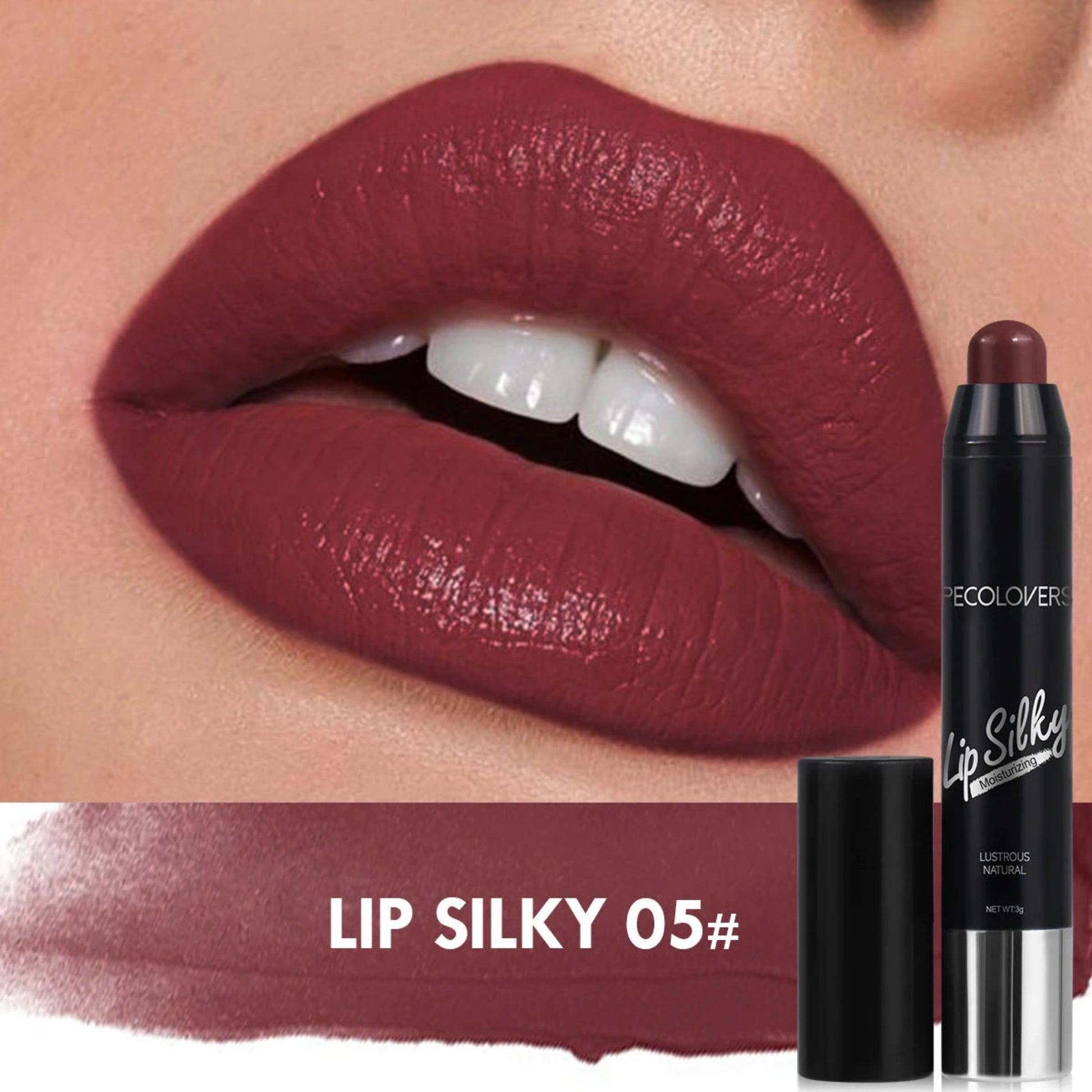 Lipstick with 'Lip Silky 05#' color swatch on a close-up of lips.