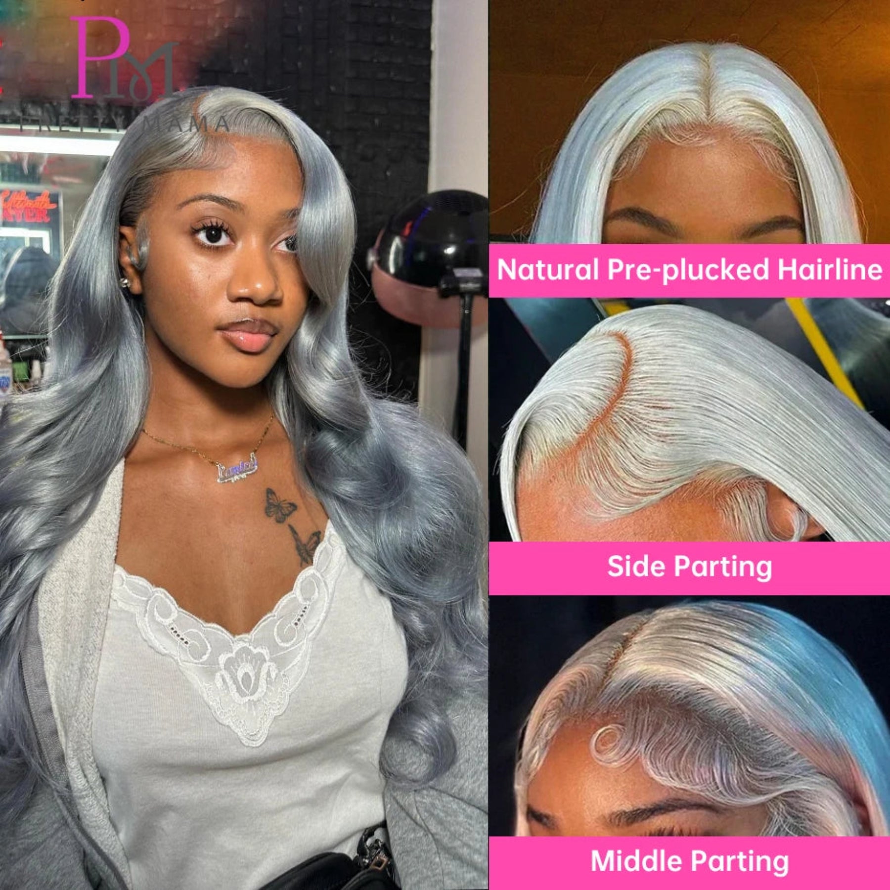 Woman with gray hair styled in a wig, showing natural pre-plucked hairline and side/middle parting options.