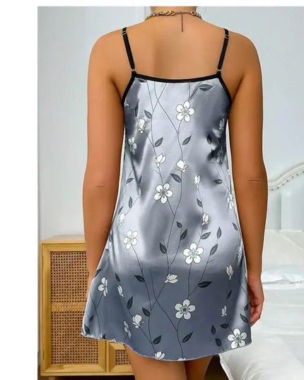 Women's Sleepdress Satin Floral Print Nightdress Comfortable Spaghetti Strap Sleepwear Dress Luxurious Satin Slip Nightdress