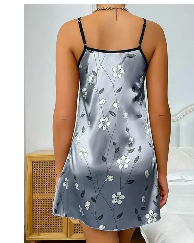 Women's Sleepdress Satin Floral Print Nightdress Comfortable Spaghetti Strap Sleepwear Dress Luxurious Satin Slip Nightdress